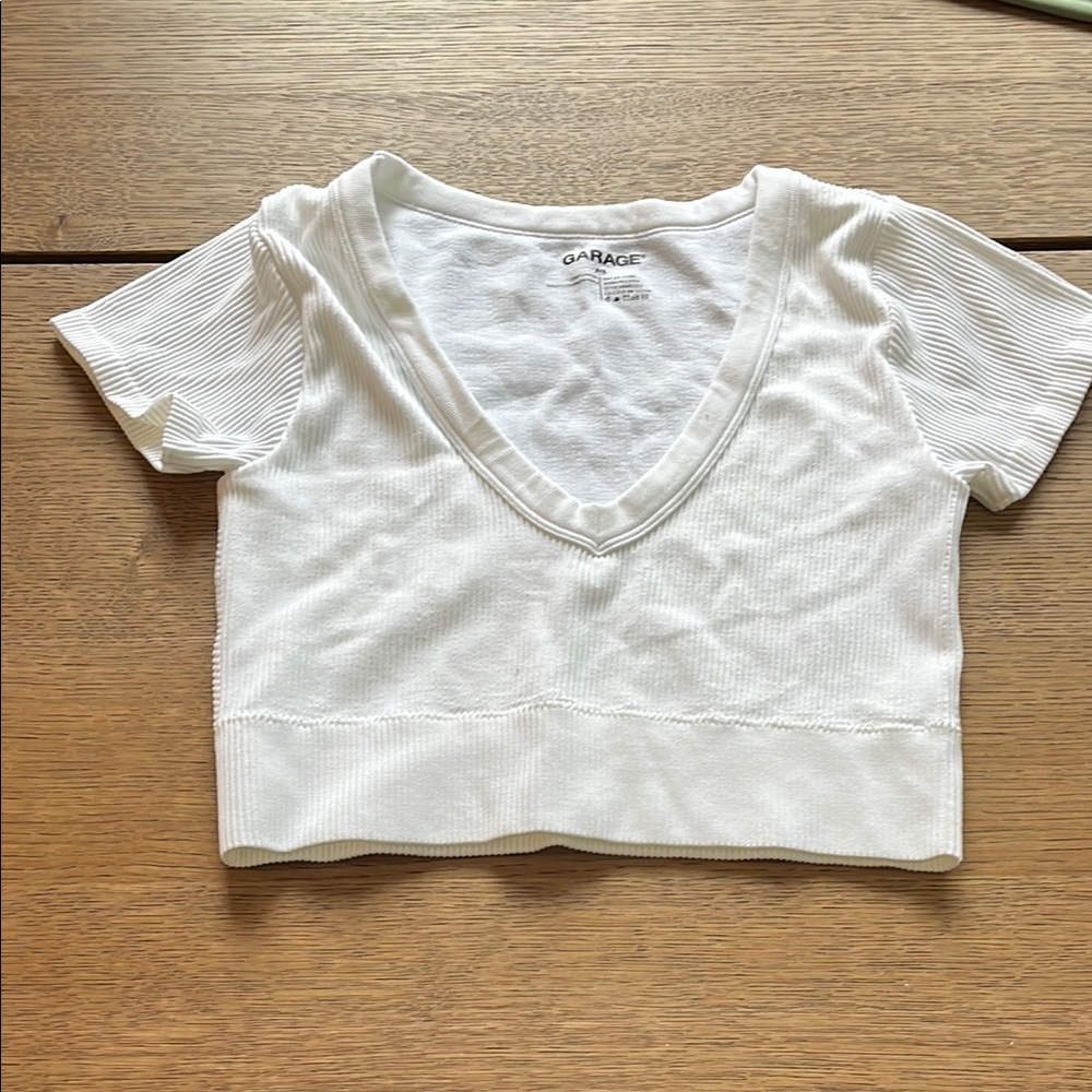 White Ribbed V-Neck Crop Top